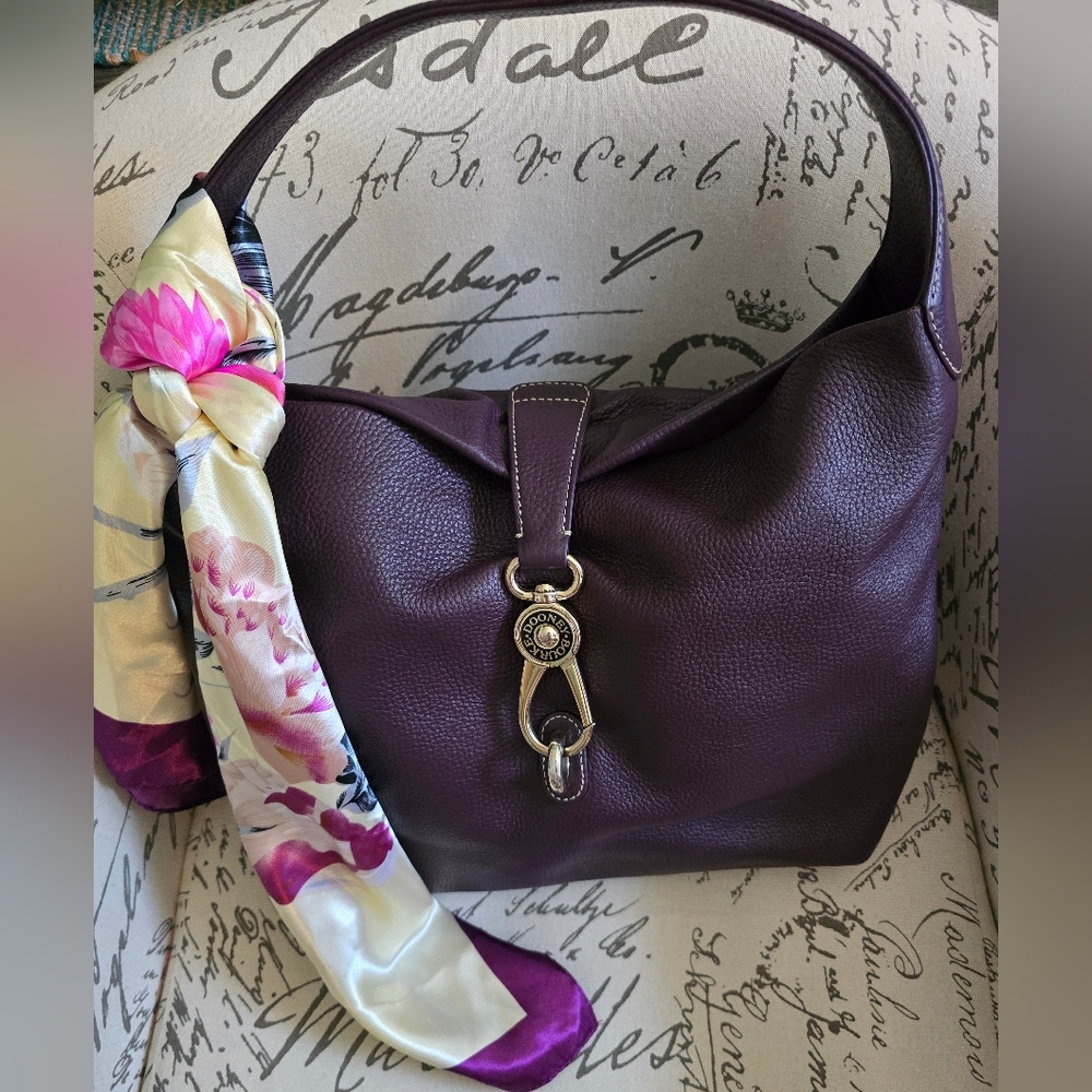 Dooney & Bourke Plum Leather Shoulder Bag with Floral Scarf